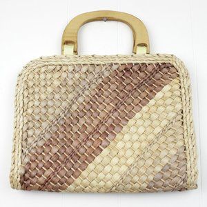 Vintage 70s Wood Handle Woven Straw Handbag